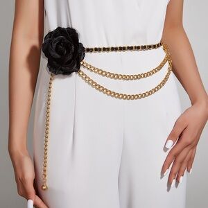 Gold Chain Belt with Black Flower Accent - Women's Accessory